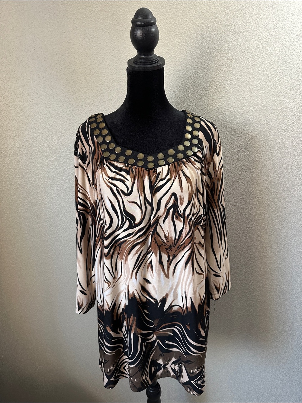 Maggie Barnes 0x Brown, Black & Cream Animal Print Tunic with Studded Neckline